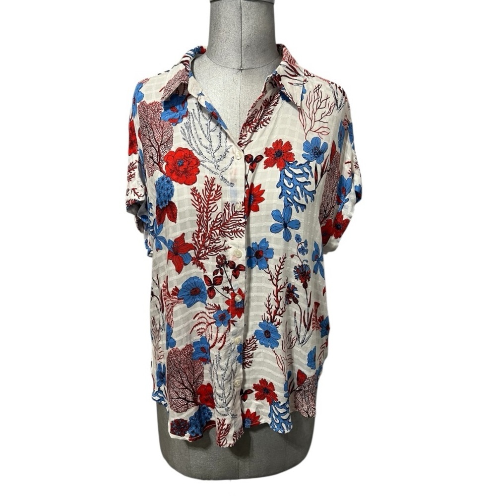 Jane + Delancey Hibiscus & Coral Hawaiian Style Short Sleeve Button Down Top L